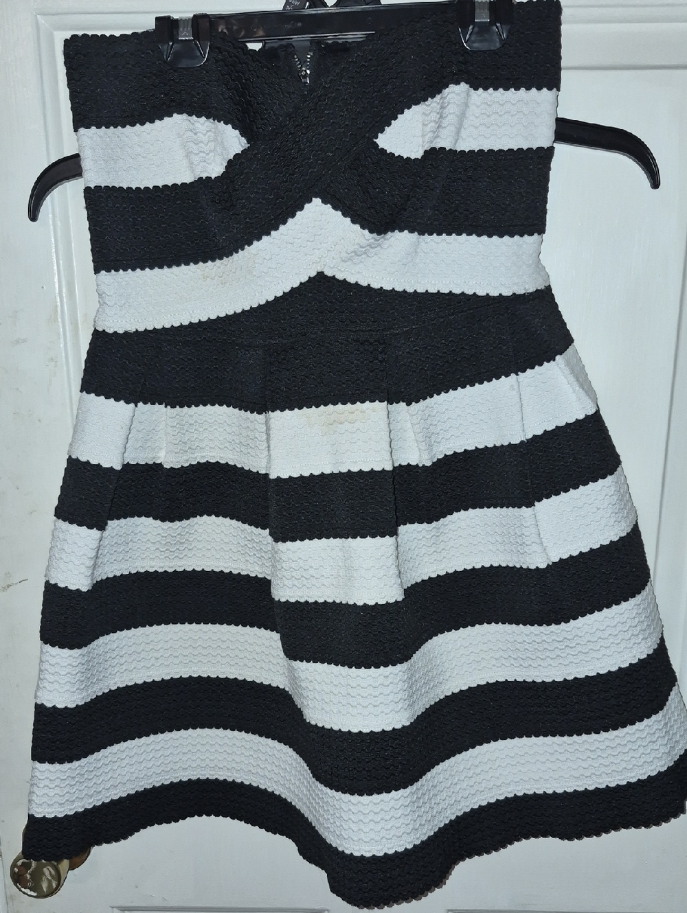 Sans Souci Black and White Striped Strapless Textured  Mini Dress